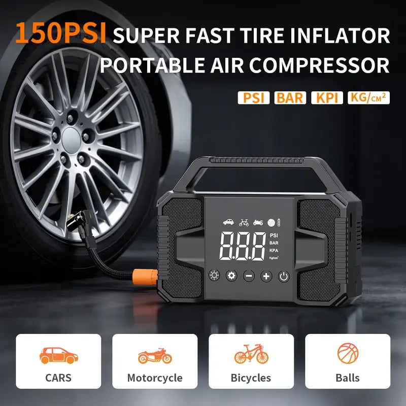 🚗 6000A Peak Car Jump Starter with 150 PSI Air Compressor – 15000mAh 12V Portable Auto Battery Booster, Cordless Tire Inflator, LED Flashlight & Emergency Kit for Cars & SUVs